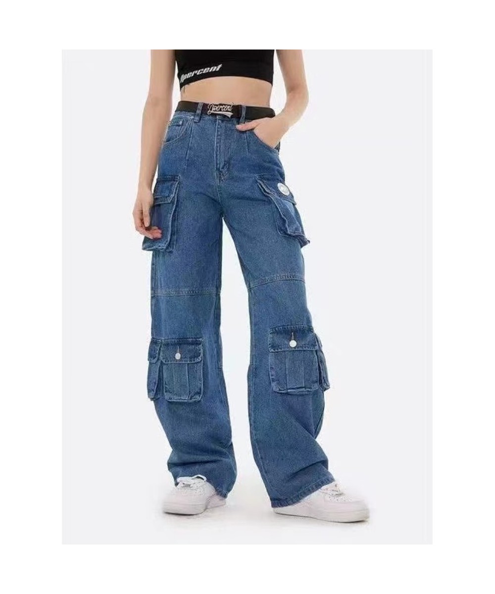 American Street Pocket Cargo Jeans Female Y2K Fashion Heavy Industry Loose High Waist Slim Straight Leg High Street Jeans New...