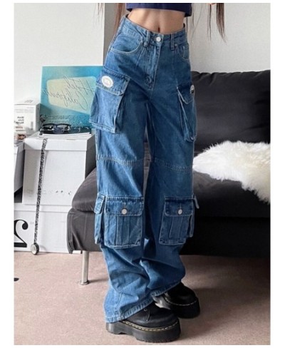 American Street Pocket Cargo Jeans Female Y2K Fashion Heavy Industry Loose High Waist Slim Straight Leg High Street Jeans New...