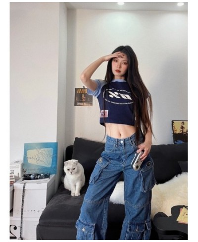 American Street Pocket Cargo Jeans Female Y2K Fashion Heavy Industry Loose High Waist Slim Straight Leg High Street Jeans New...