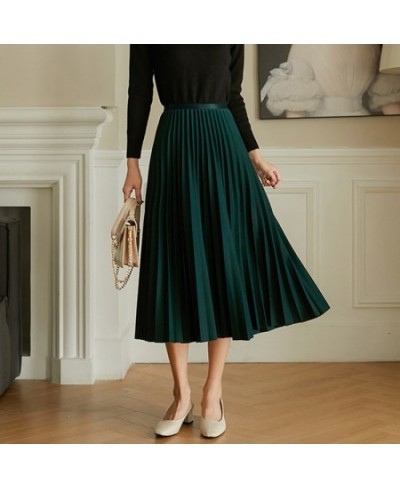 Pleated Skirt Elegant Elastic High Waist A-LINE Office Ladies Work Midi Long Skirt Black Green Grey Autumn Winter Women's Ski...