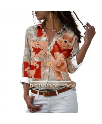 2022 autumn new top cartoon slim long sleeve Winnie the Pooh pattern shirt spring chiffon loose top $25.59 - Women Tops