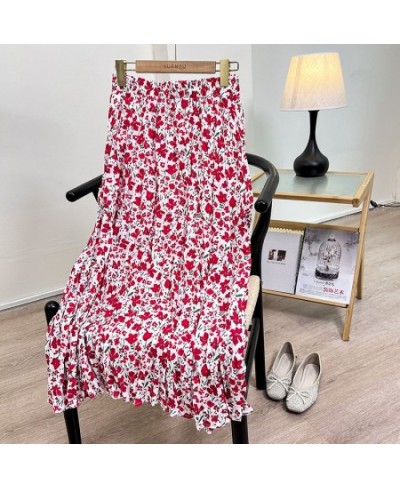 Sweet Floral Print Women Pleated Skirt Spring High Waist Lady Long Skirts Clothes $51.15 - Skirts