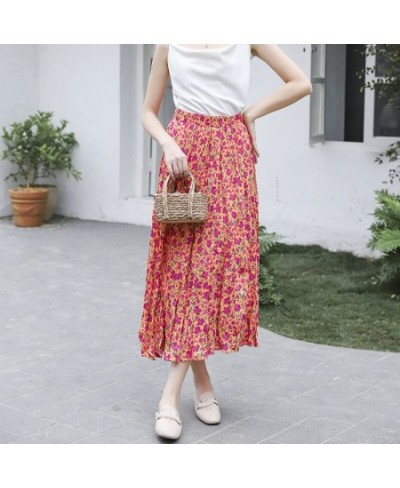 Sweet Floral Print Women Pleated Skirt Spring High Waist Lady Long Skirts Clothes $51.15 - Skirts