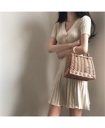 Buttons Slim Fit A-Line Knitted Dress Women's Fashion Short Sleeve V-Neck Pleated Dress $26.11 - Dresses