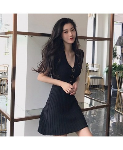 Buttons Slim Fit A-Line Knitted Dress Women's Fashion Short Sleeve V-Neck Pleated Dress $26.11 - Dresses