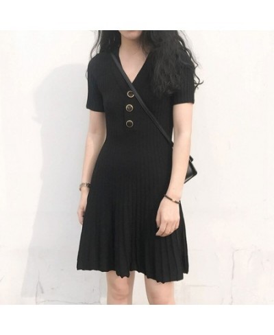 Buttons Slim Fit A-Line Knitted Dress Women's Fashion Short Sleeve V-Neck Pleated Dress $26.11 - Dresses