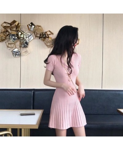 Buttons Slim Fit A-Line Knitted Dress Women's Fashion Short Sleeve V-Neck Pleated Dress $26.11 - Dresses