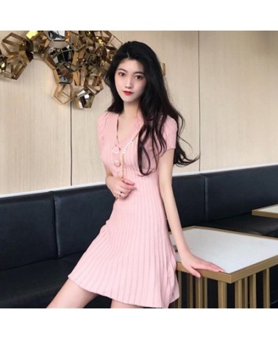 Buttons Slim Fit A-Line Knitted Dress Women's Fashion Short Sleeve V-Neck Pleated Dress $26.11 - Dresses