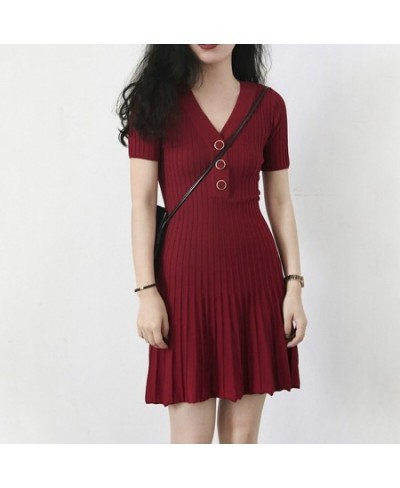 Buttons Slim Fit A-Line Knitted Dress Women's Fashion Short Sleeve V-Neck Pleated Dress $26.11 - Dresses