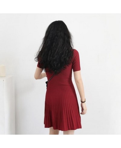 Buttons Slim Fit A-Line Knitted Dress Women's Fashion Short Sleeve V-Neck Pleated Dress $26.11 - Dresses