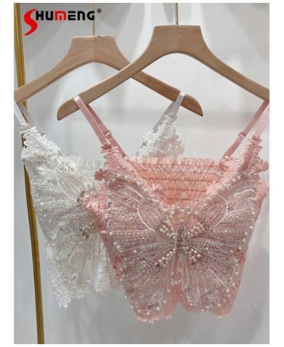 Cute Pearl Lace Camisole Woman 2023 Summer Sweet Beaded Rhinestone Tube Corset Top Underwear Beautiful Backless Sling Bra Top...