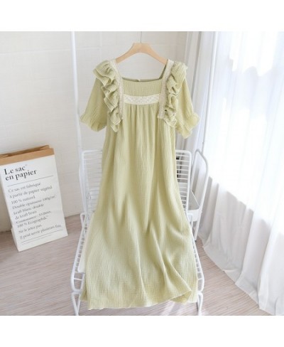 Summer New Ladies Nightdress 100% Cotton Crepe Lotus Leaf Sleeve Long Dress Palace Style Short Sleeve Nightdress Home Skirt $...