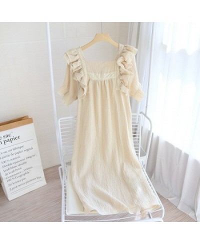 Summer New Ladies Nightdress 100% Cotton Crepe Lotus Leaf Sleeve Long Dress Palace Style Short Sleeve Nightdress Home Skirt $...