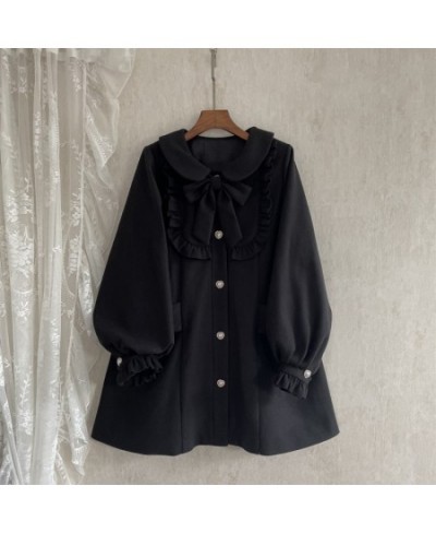 Autumn Lolita Wool Long Coat Women Soft Girls Kawaii Sweet Lantern Sleeve Elegant Jacket Female Winter Vintage Overcoat Black...