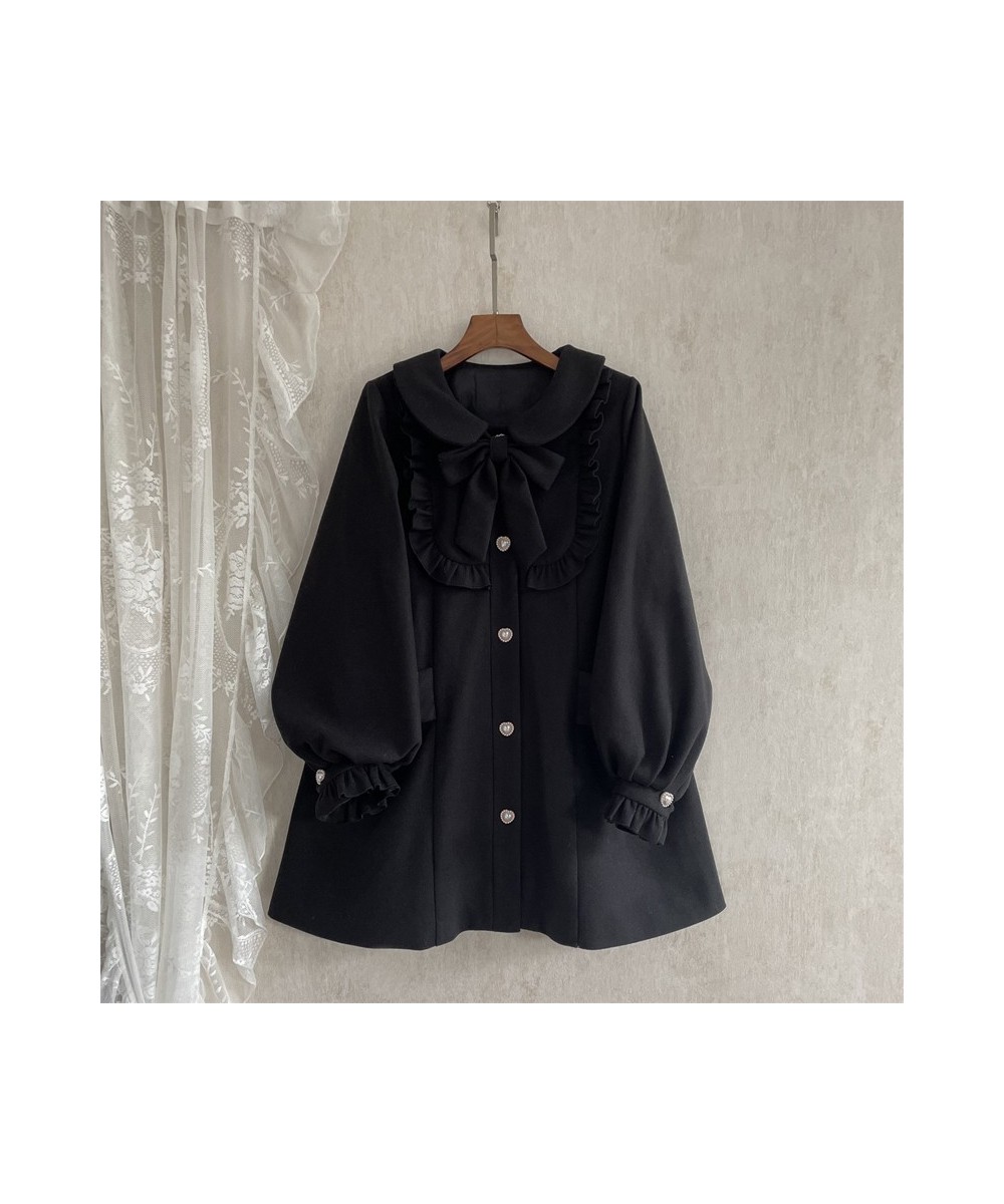 Autumn Lolita Wool Long Coat Women Soft Girls Kawaii Sweet Lantern Sleeve Elegant Jacket Female Winter Vintage Overcoat Black...