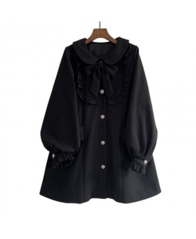 Autumn Lolita Wool Long Coat Women Soft Girls Kawaii Sweet Lantern Sleeve Elegant Jacket Female Winter Vintage Overcoat Black...