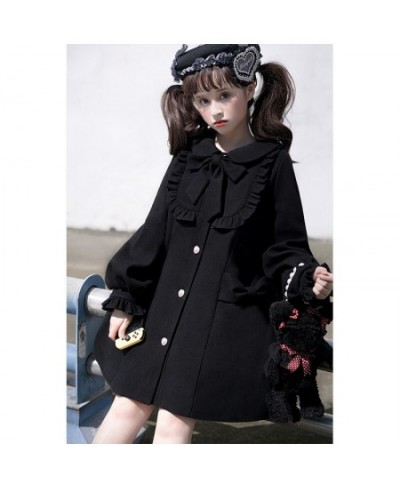 Autumn Lolita Wool Long Coat Women Soft Girls Kawaii Sweet Lantern Sleeve Elegant Jacket Female Winter Vintage Overcoat Black...