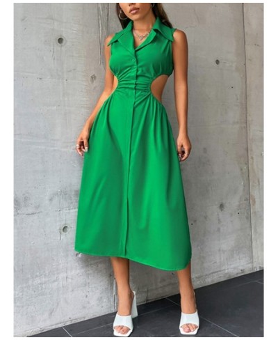 Green Hollow Out Women's Dress Slim Elastic Waist Turn Down Collar Sleeveless Summer Dresses 2022 Holiday Vacation Dress $41....