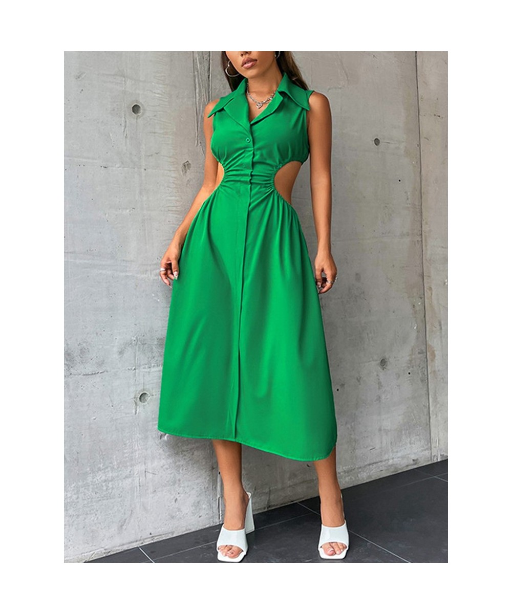 Green Hollow Out Women's Dress Slim Elastic Waist Turn Down Collar Sleeveless Summer Dresses 2022 Holiday Vacation Dress $41....