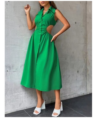 Green Hollow Out Women's Dress Slim Elastic Waist Turn Down Collar Sleeveless Summer Dresses 2022 Holiday Vacation Dress $41....