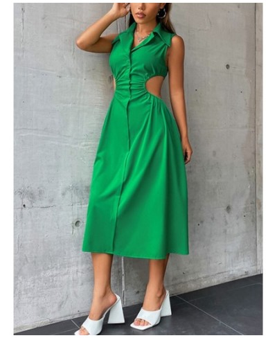 Green Hollow Out Women's Dress Slim Elastic Waist Turn Down Collar Sleeveless Summer Dresses 2022 Holiday Vacation Dress $41....