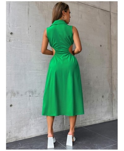 Green Hollow Out Women's Dress Slim Elastic Waist Turn Down Collar Sleeveless Summer Dresses 2022 Holiday Vacation Dress $41....