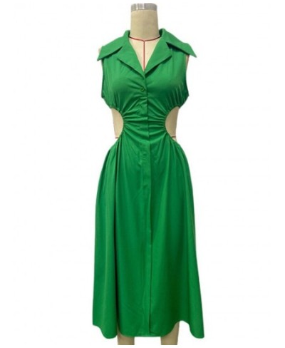 Green Hollow Out Women's Dress Slim Elastic Waist Turn Down Collar Sleeveless Summer Dresses 2022 Holiday Vacation Dress $41....