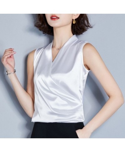 Women Sleeveless Sexy V-Neck Soft Smooth Satin Shirt Work Tops Office Ladies Chic Casual Tunic Summer Ruched Cross Wrap Blous...