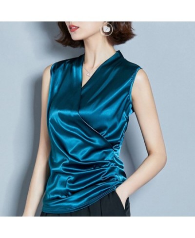 Women Sleeveless Sexy V-Neck Soft Smooth Satin Shirt Work Tops Office Ladies Chic Casual Tunic Summer Ruched Cross Wrap Blous...