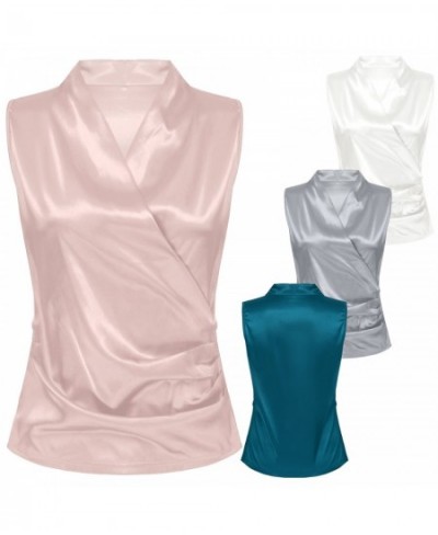 Women Sleeveless Sexy V-Neck Soft Smooth Satin Shirt Work Tops Office Ladies Chic Casual Tunic Summer Ruched Cross Wrap Blous...