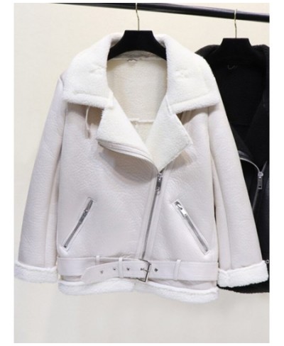 Winter Faux Lamb Leather Jacket Women Faux Leather Lambs Wool Fur Collar Pu Moto Zipper Jacket Warm Thick Outerwear $104.64 -...