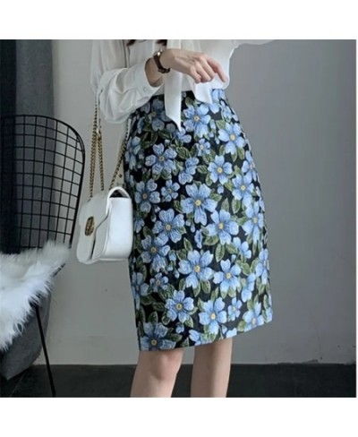 Blue Big Flower Vintage Skirts womens 2023 Spring And Summer High Waist Slit A-line Skirt Female Straight Bag Hip Skirt Jupe ...