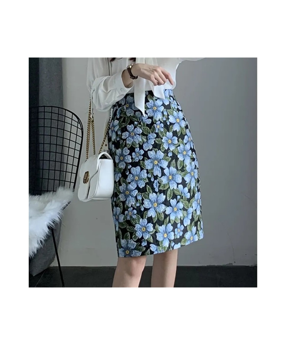 Blue Big Flower Vintage Skirts womens 2023 Spring And Summer High Waist Slit A-line Skirt Female Straight Bag Hip Skirt Jupe ...