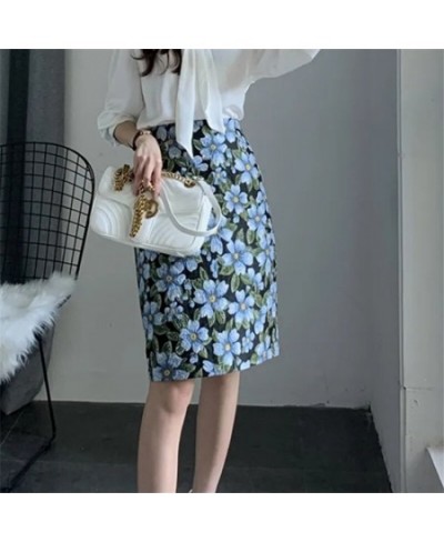 Blue Big Flower Vintage Skirts womens 2023 Spring And Summer High Waist Slit A-line Skirt Female Straight Bag Hip Skirt Jupe ...