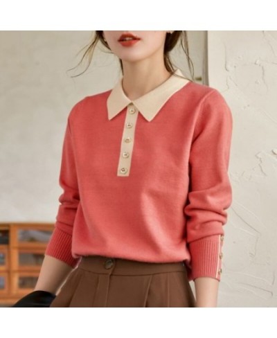 Fashion Lapel Button Spliced Knitted Korean Sweaters Women Clothing 2022 Autumn Loose Casual Pullovers All-match Office Lady ...