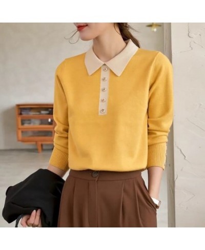 Fashion Lapel Button Spliced Knitted Korean Sweaters Women Clothing 2022 Autumn Loose Casual Pullovers All-match Office Lady ...