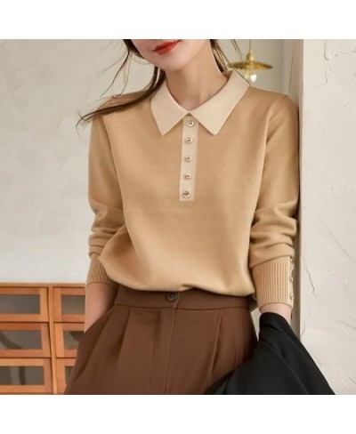 Fashion Lapel Button Spliced Knitted Korean Sweaters Women Clothing 2022 Autumn Loose Casual Pullovers All-match Office Lady ...