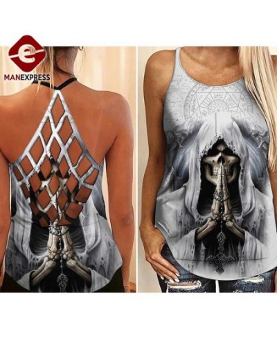 Womens Fashion 3D Print Skull Girl Criss Cross Tank Top Summer Sleeveless Backless Graphic Shirt Slim Fit Gothic Plus Size Ve...