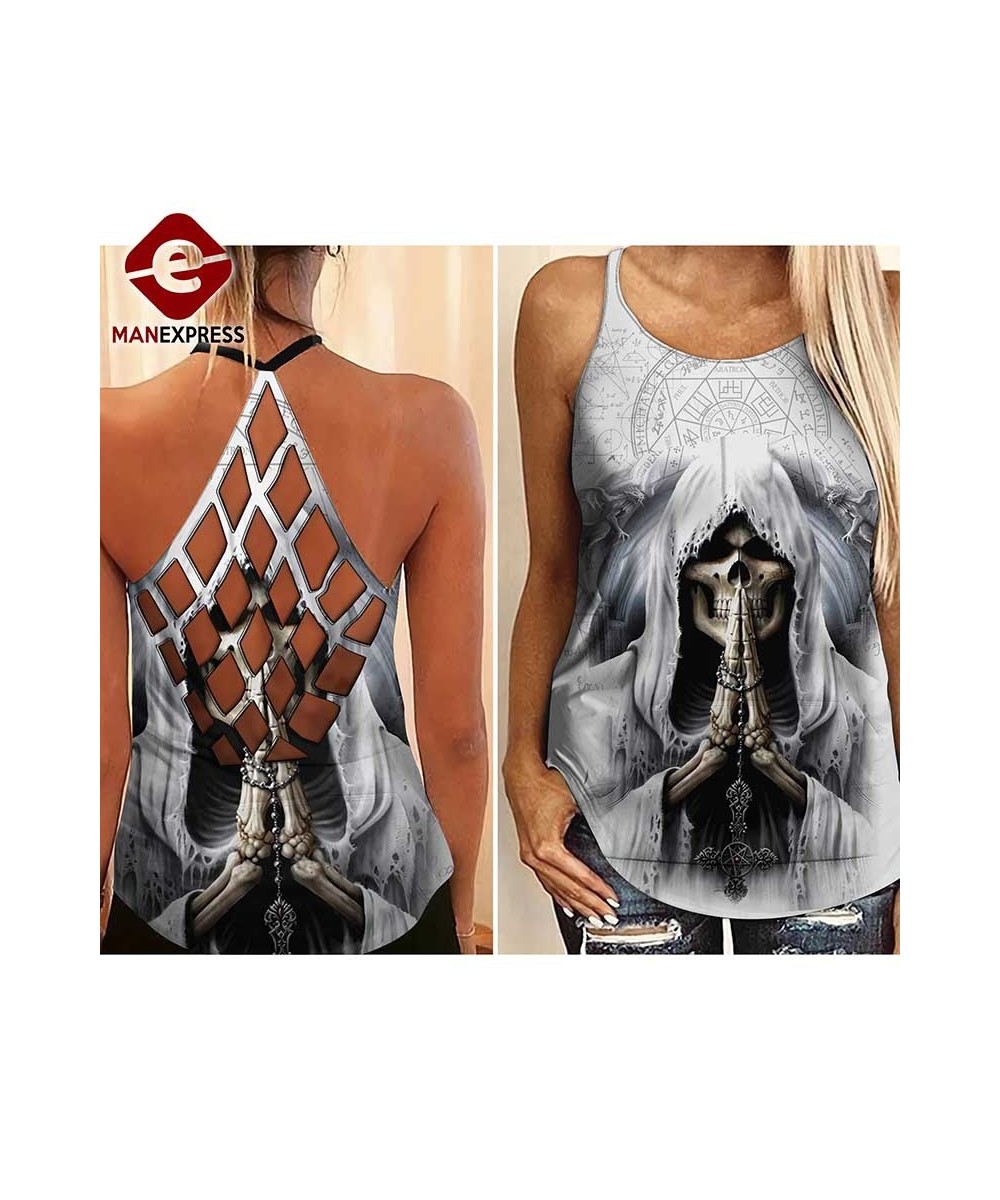 Womens Fashion 3D Print Skull Girl Criss Cross Tank Top Summer Sleeveless Backless Graphic Shirt Slim Fit Gothic Plus Size Ve...