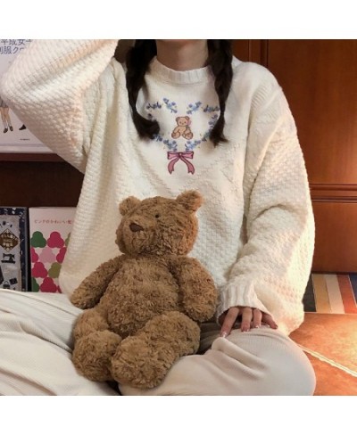 Women Cute Sweater Trendy Sweet Bear Heart Embroidery Pullover 2023 Winter Vintage Korean Ins Knitwear Knitted Loose Top Jump...