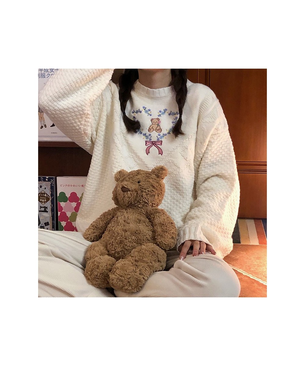 Women Cute Sweater Trendy Sweet Bear Heart Embroidery Pullover 2023 Winter Vintage Korean Ins Knitwear Knitted Loose Top Jump...