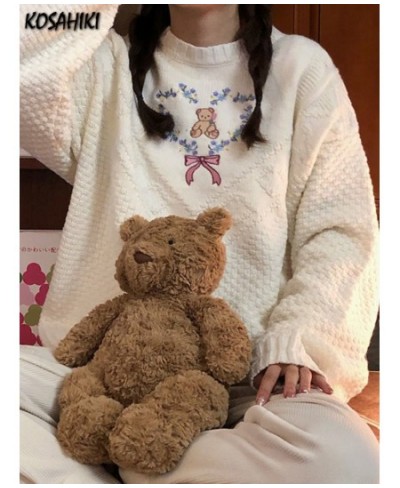 Women Cute Sweater Trendy Sweet Bear Heart Embroidery Pullover 2023 Winter Vintage Korean Ins Knitwear Knitted Loose Top Jump...