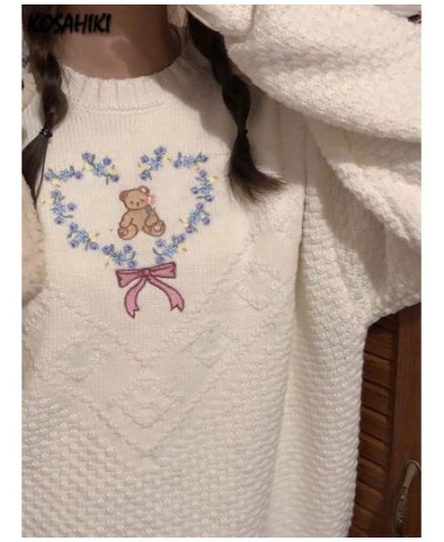 Women Cute Sweater Trendy Sweet Bear Heart Embroidery Pullover 2023 Winter Vintage Korean Ins Knitwear Knitted Loose Top Jump...