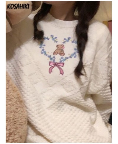 Women Cute Sweater Trendy Sweet Bear Heart Embroidery Pullover 2023 Winter Vintage Korean Ins Knitwear Knitted Loose Top Jump...