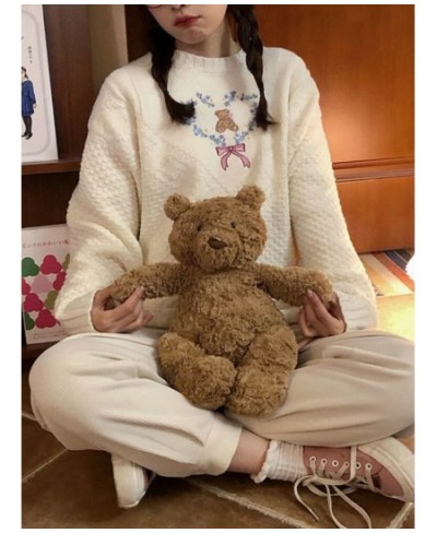 Women Cute Sweater Trendy Sweet Bear Heart Embroidery Pullover 2023 Winter Vintage Korean Ins Knitwear Knitted Loose Top Jump...