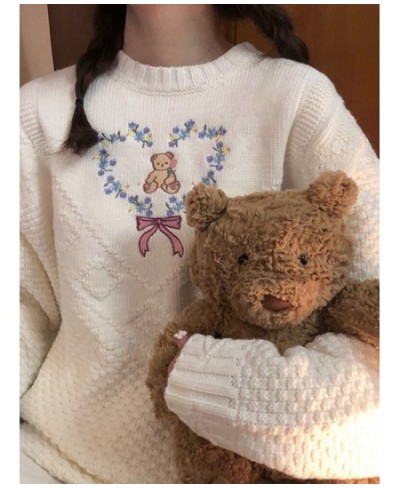 Women Cute Sweater Trendy Sweet Bear Heart Embroidery Pullover 2023 Winter Vintage Korean Ins Knitwear Knitted Loose Top Jump...