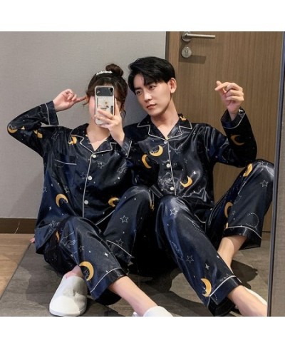 Autumn Couple Silk Pajamas Sets Cartoon Moon Star Printing Sleepwear for Women Men Nightwear Spring Casual Homewear Sleep $36...