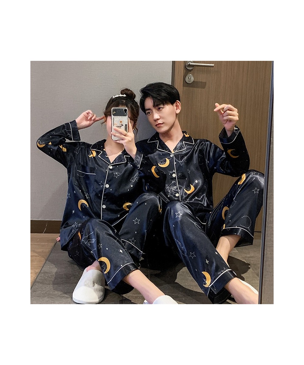 Autumn Couple Silk Pajamas Sets Cartoon Moon Star Printing Sleepwear for Women Men Nightwear Spring Casual Homewear Sleep $36...