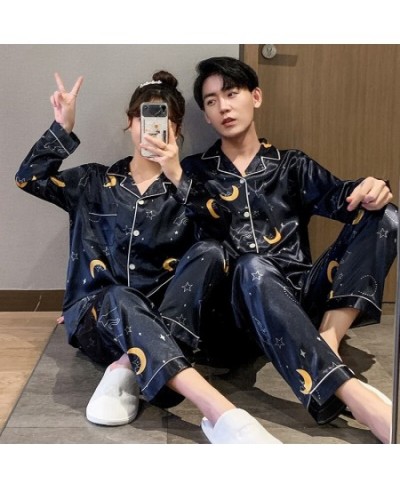 Autumn Couple Silk Pajamas Sets Cartoon Moon Star Printing Sleepwear for Women Men Nightwear Spring Casual Homewear Sleep $36...