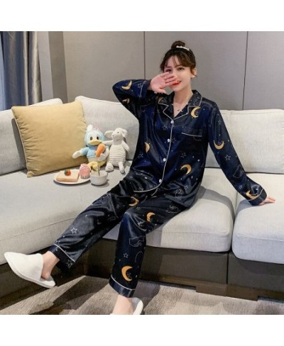 Autumn Couple Silk Pajamas Sets Cartoon Moon Star Printing Sleepwear for Women Men Nightwear Spring Casual Homewear Sleep $36...